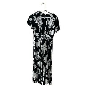 Perceptions New York Midi Dress Women 10 Black Floral Short Sleeve Belted V-Neck